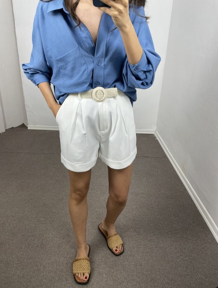 Viona Beyaz Duble Paça Keten Dokulu Kemerli Şort