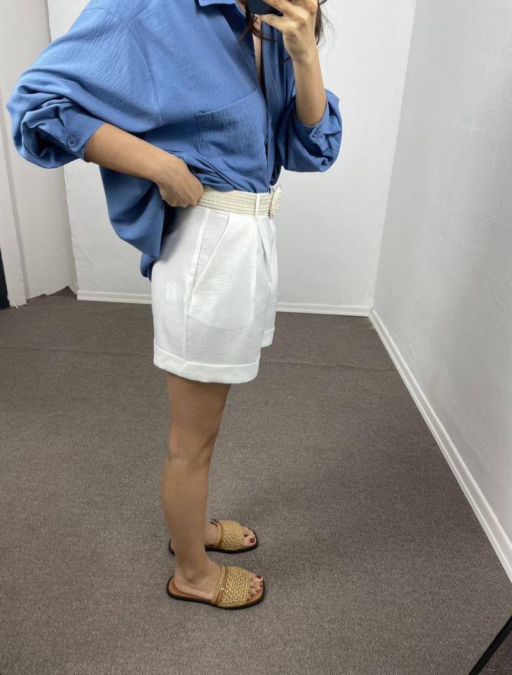 Viona Beyaz Duble Paça Keten Dokulu Kemerli Şort