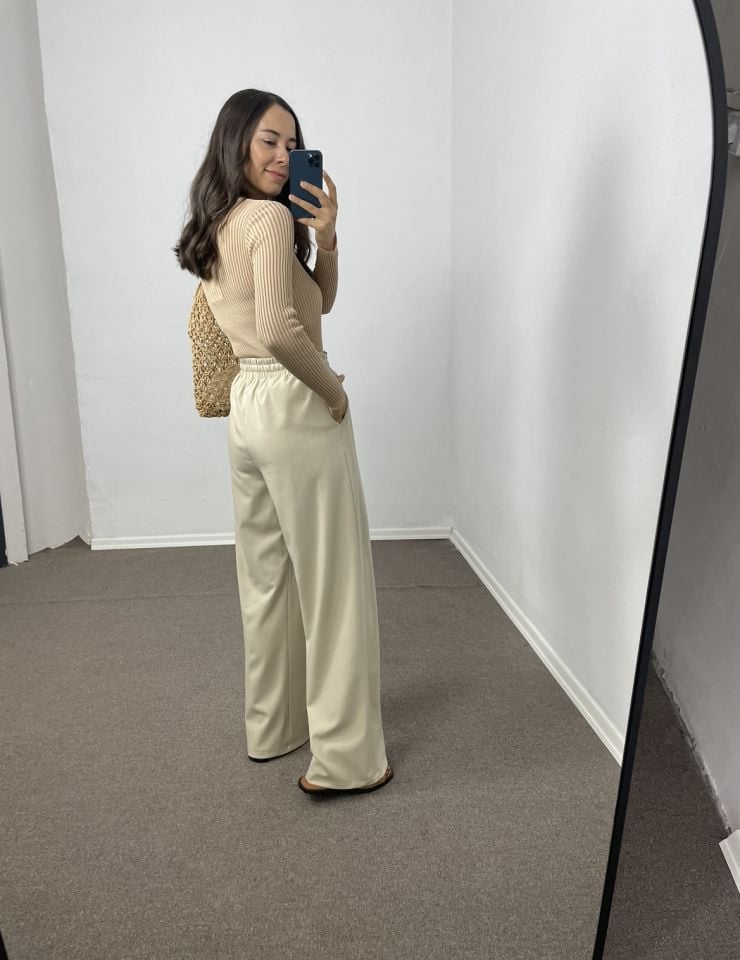 Mirea Bej  Geniş Paça Pileli Pantolon