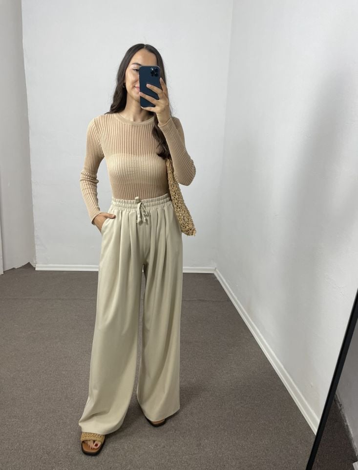 Mirea Bej  Geniş Paça Pileli Pantolon
