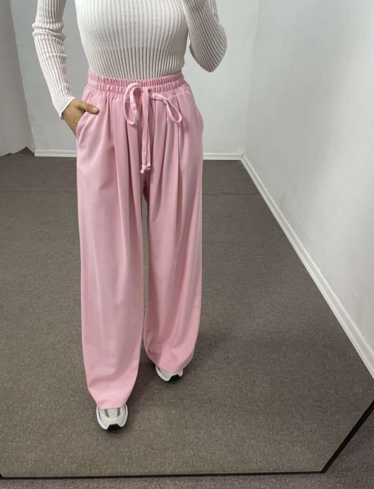 Pembe Geniş Paça Pileli Pantolon