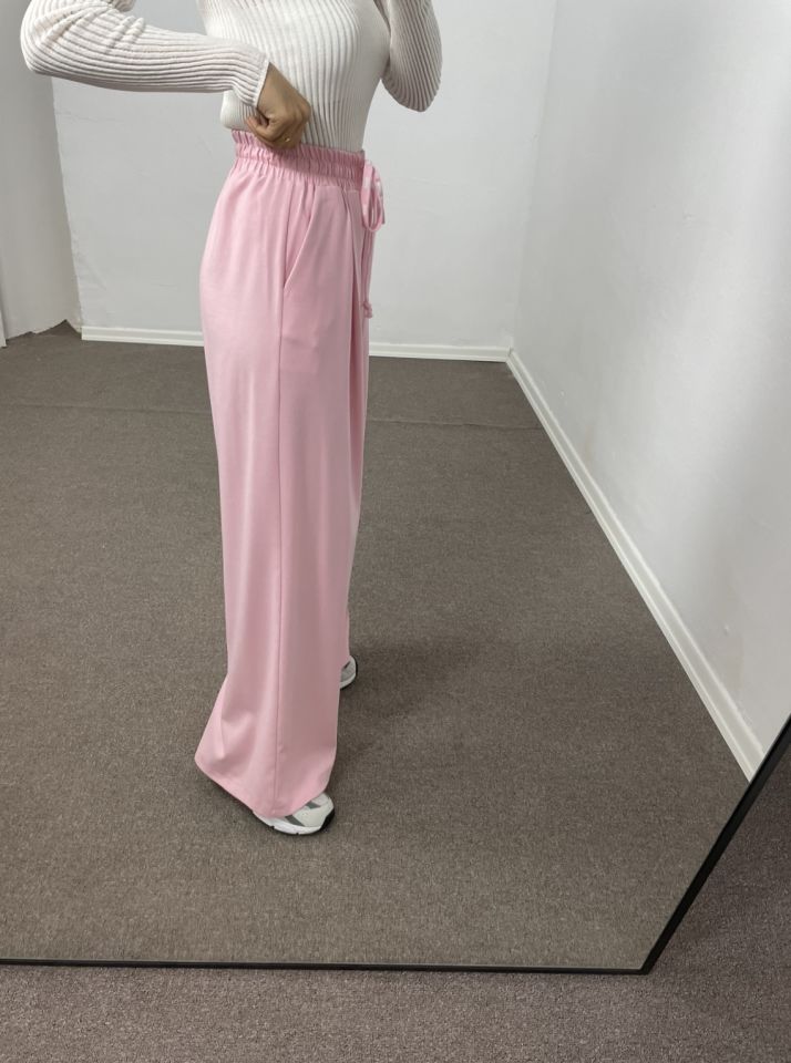 Pembe Geniş Paça Pileli Pantolon