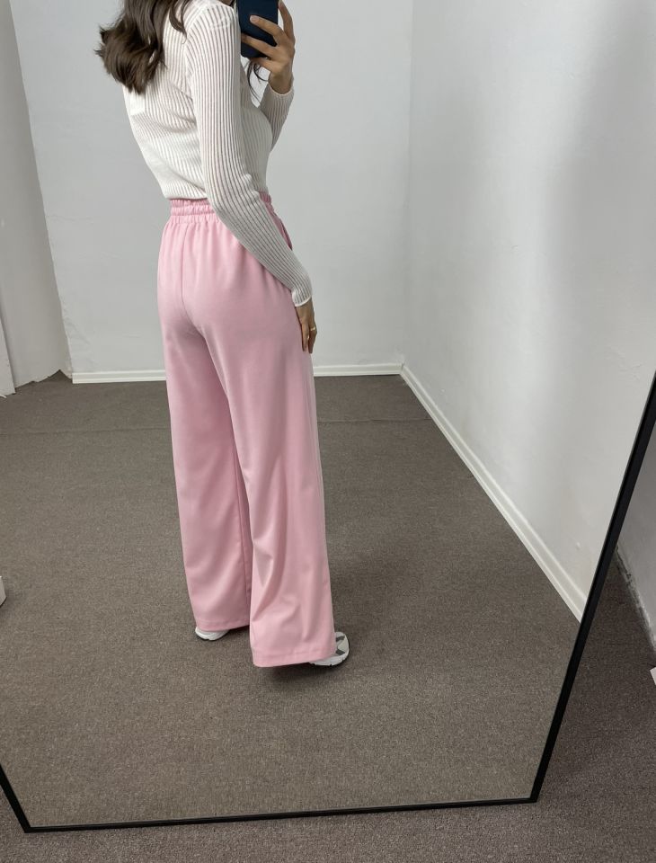 Pembe Geniş Paça Pileli Pantolon