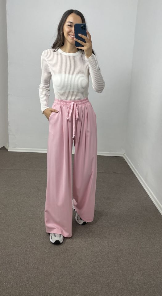 Pembe Geniş Paça Pileli Pantolon