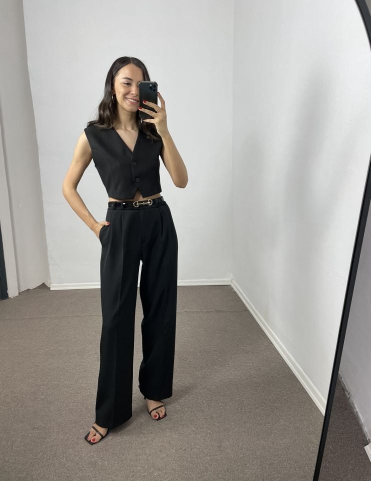 Siyah Premium Blazer Düğmeli Yelek
