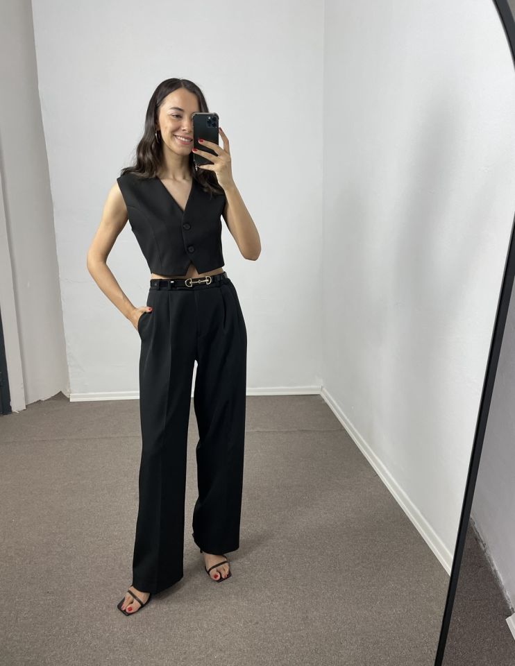 Siyah Premium Blazer Düğmeli Yelek