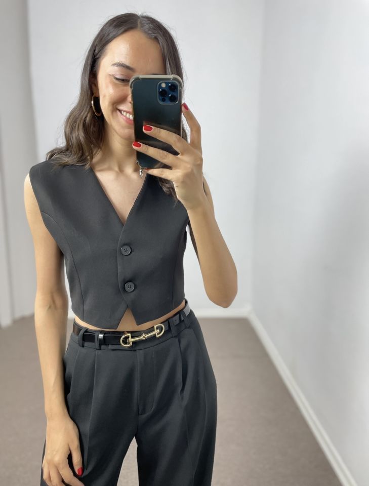 Siyah Premium Blazer Düğmeli Yelek