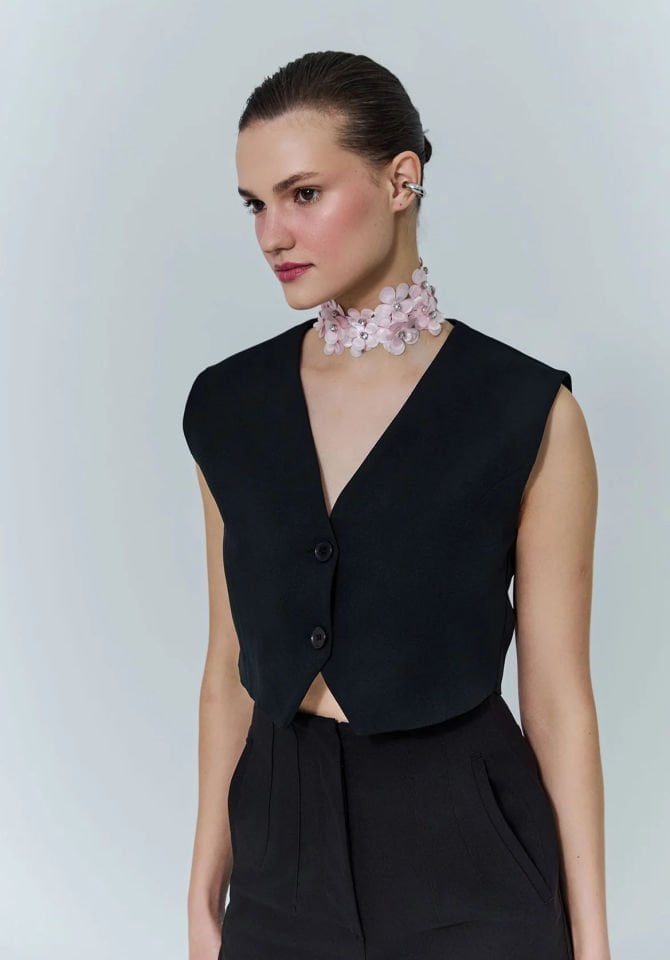 Luneva Siyah Premium Blazer Düğmeli Yelek