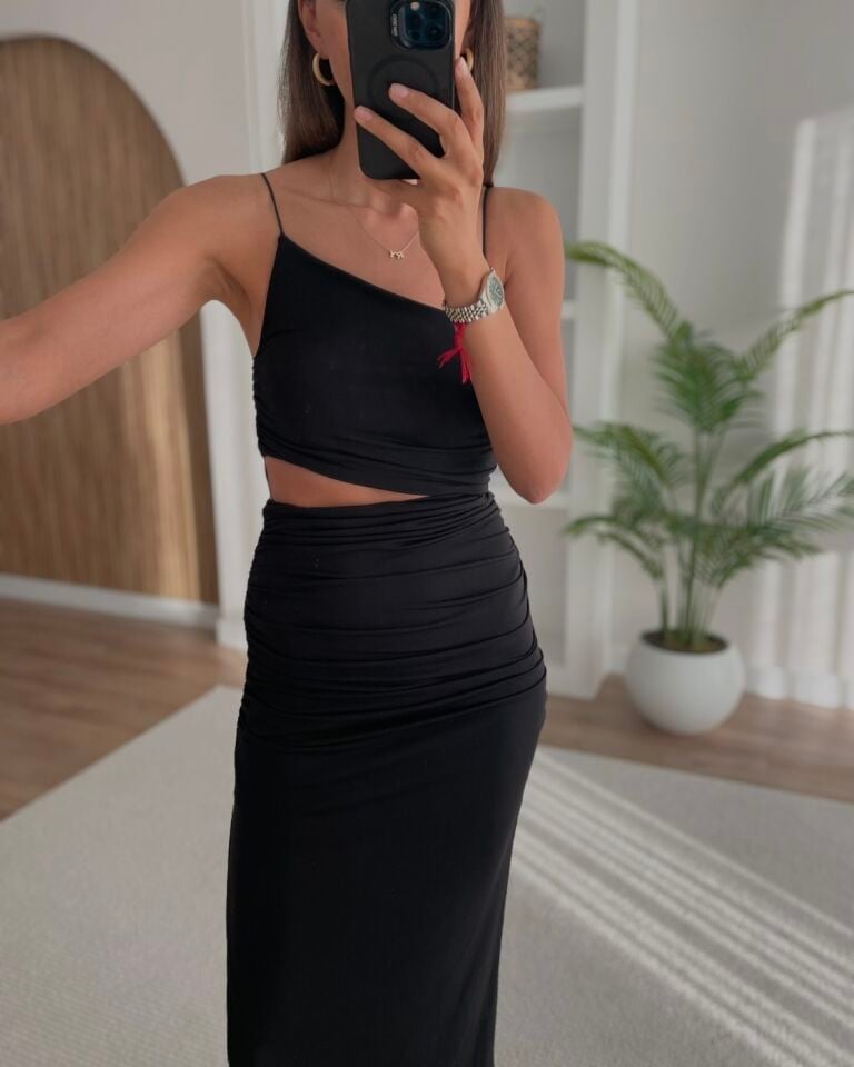 Riona Siyah Premium Drapeli Elbise