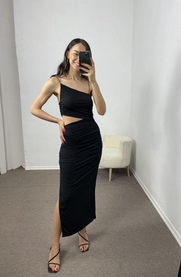 Riona Siyah Premium Drapeli Elbise