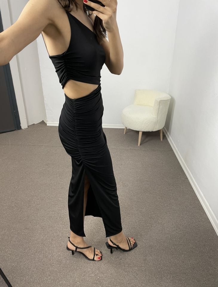 Riona Siyah Premium Drapeli Elbise