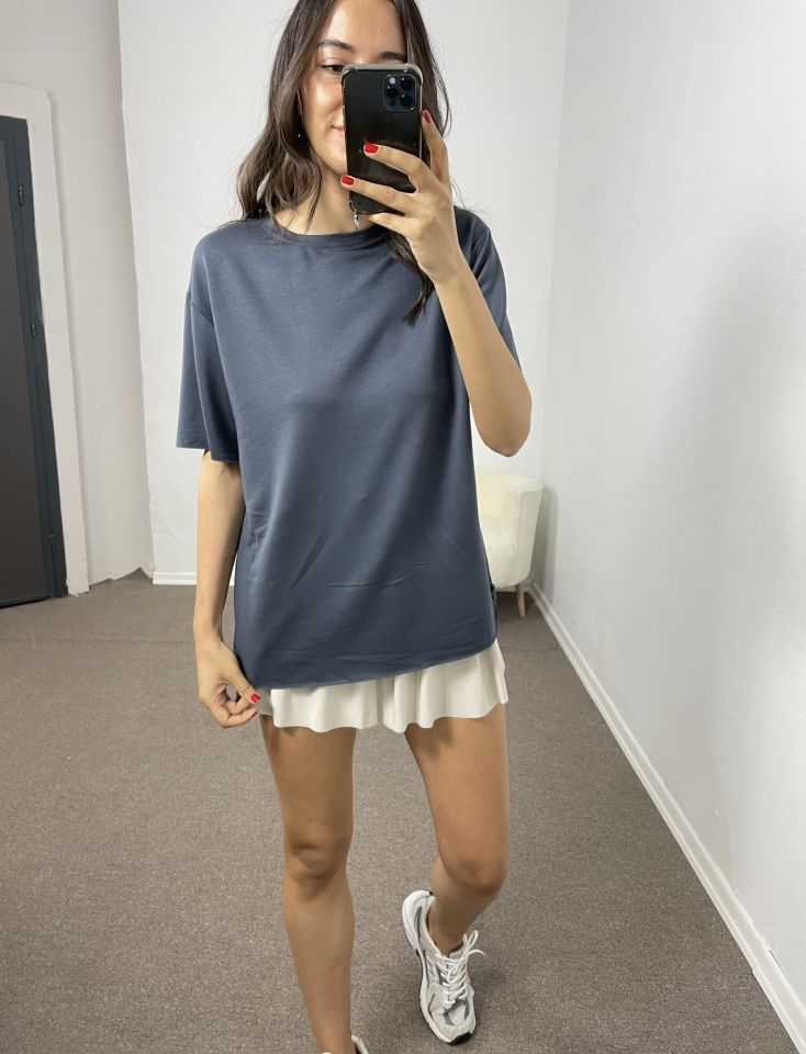 Gri Mavi Lazer Kesim Modal Tişört