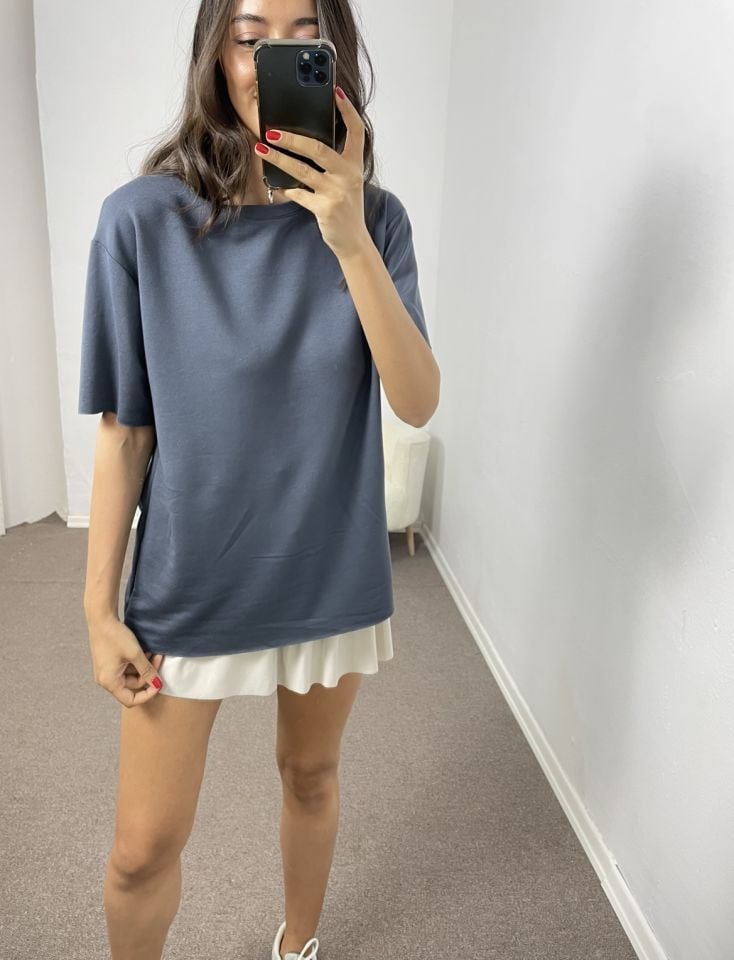 Mirena Gri Mavi Lazer Kesim Modal Tişört