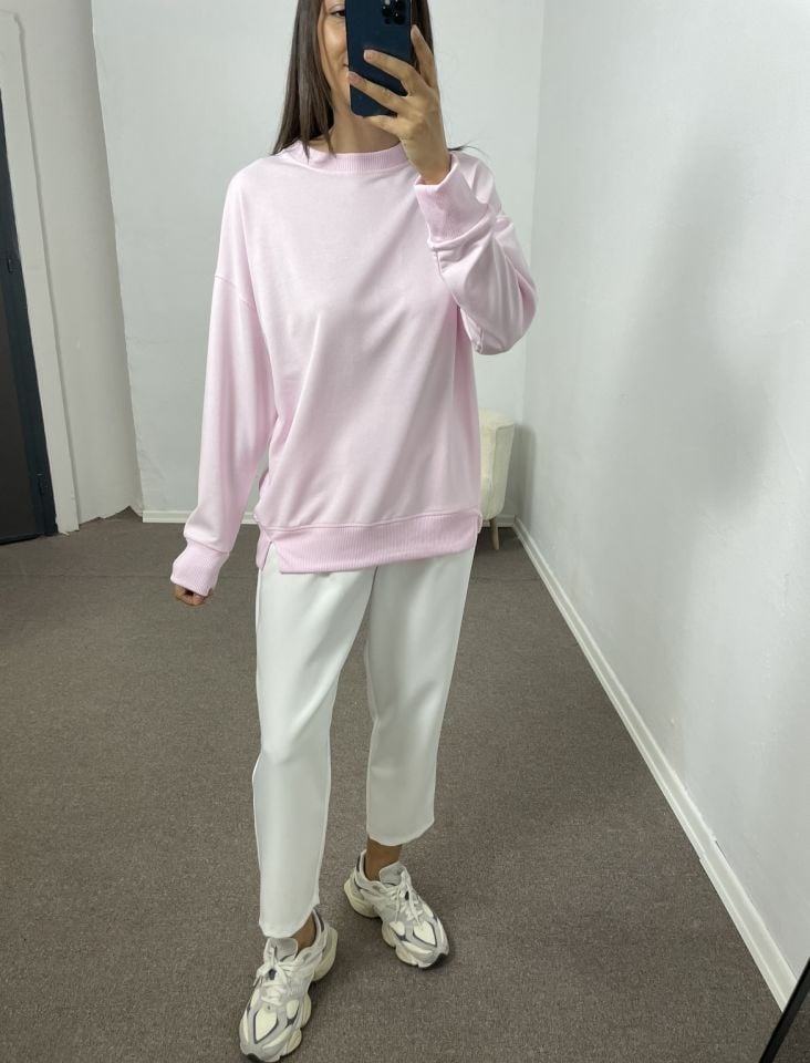 Toz Pembe Yanları Yırtmaçlı Sweatshirt