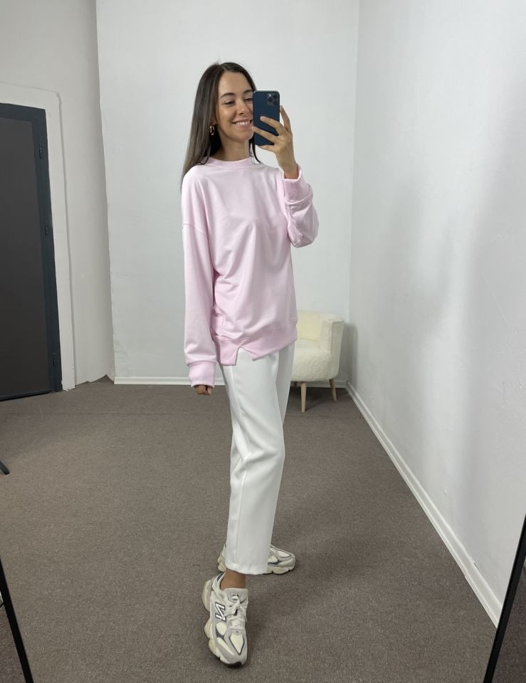 Toz Pembe Yanları Yırtmaçlı Sweatshirt