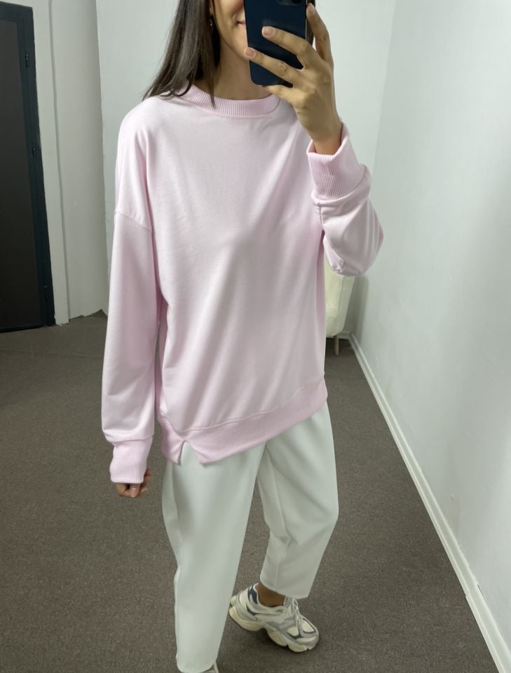 Toz Pembe Yanları Yırtmaçlı Sweatshirt