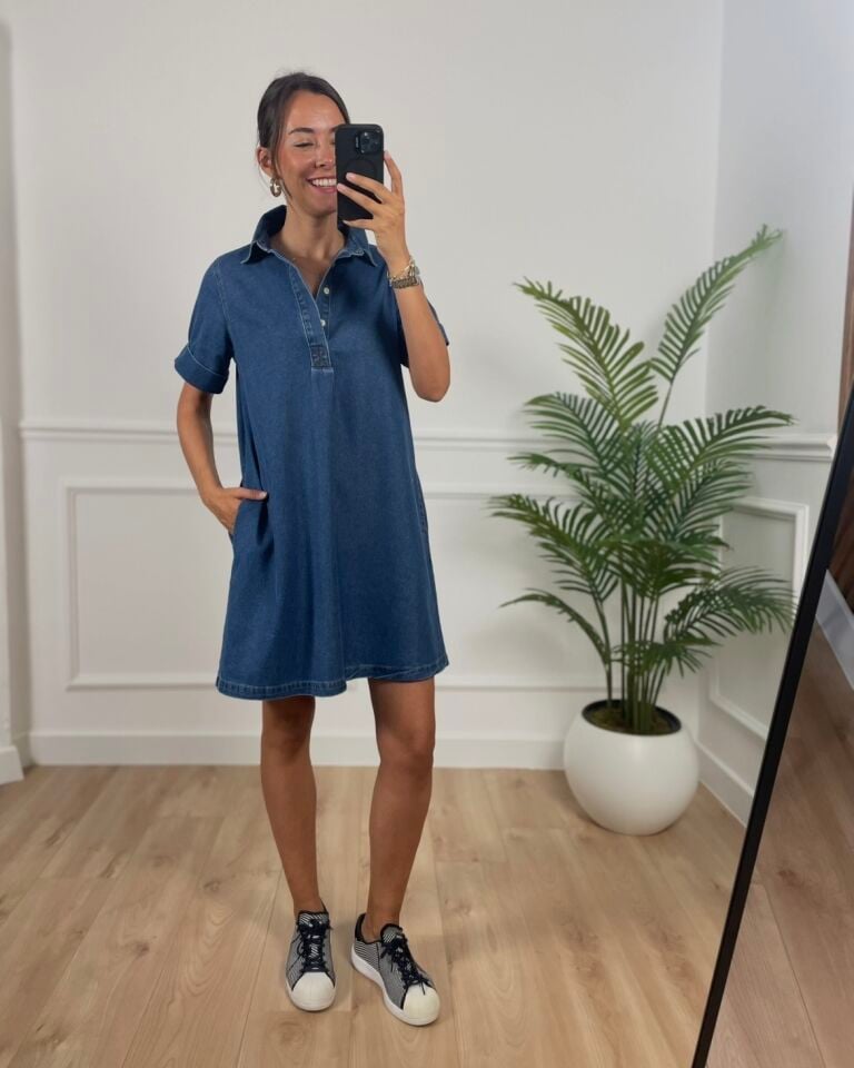 Aspen Mavi Yanları Cepli Denim Elbise