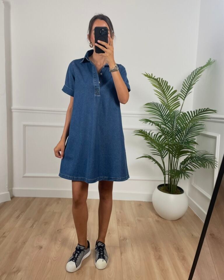 Aspen Mavi Yanları Cepli Denim Elbise
