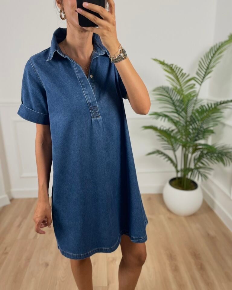 Aspen Mavi Yanları Cepli Denim Elbise
