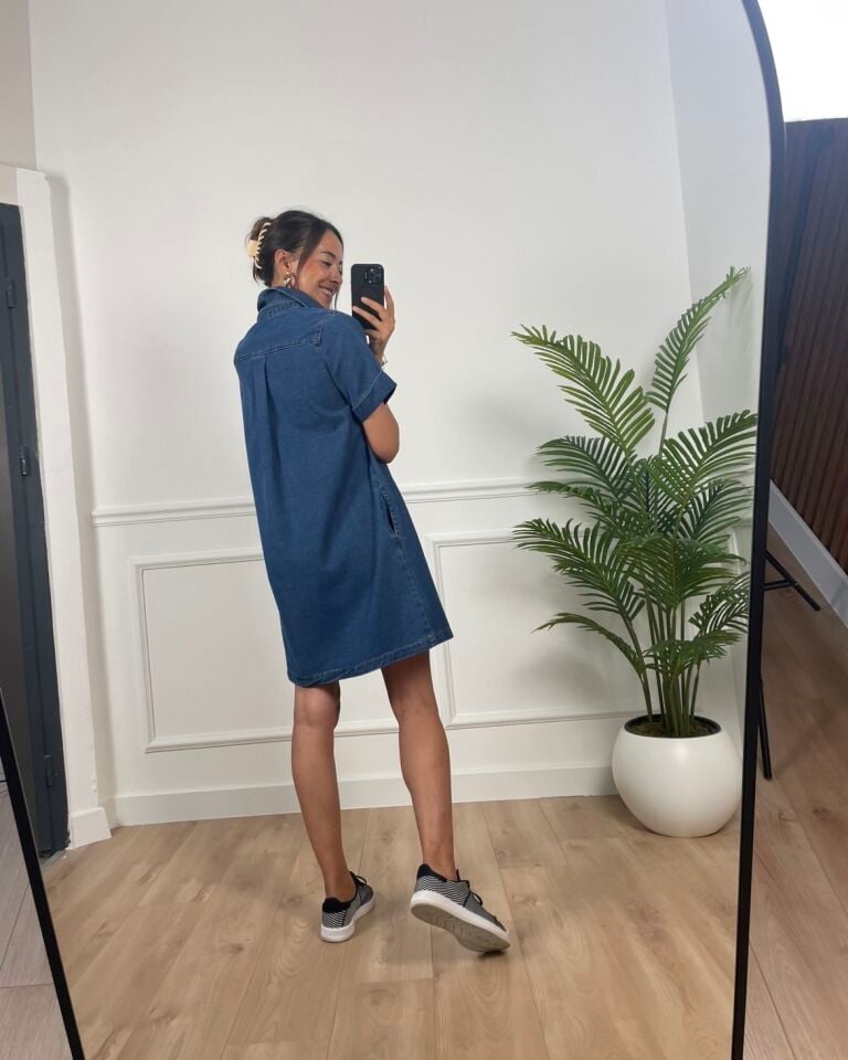 Aspen Mavi Yanları Cepli Denim Elbise