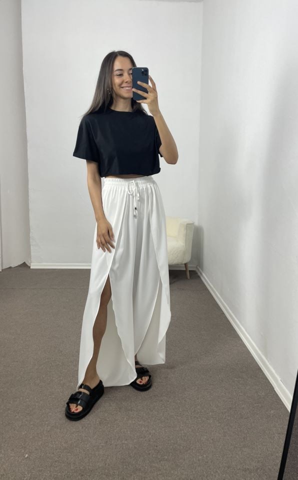 Lareen Beyaz Yırtmaçlı Pareo Pantolon