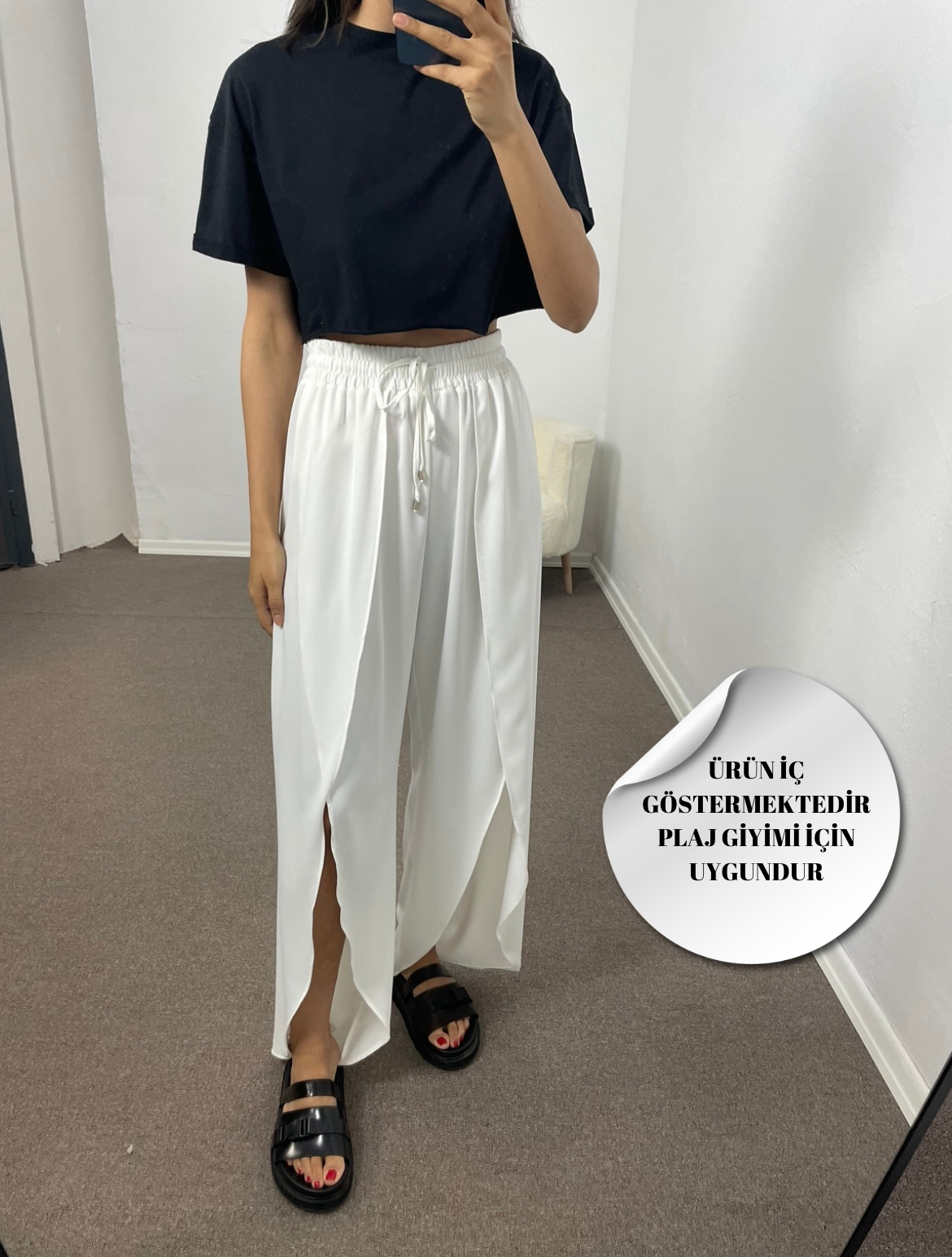 Lareen Beyaz Yırtmaçlı Pareo Pantolon