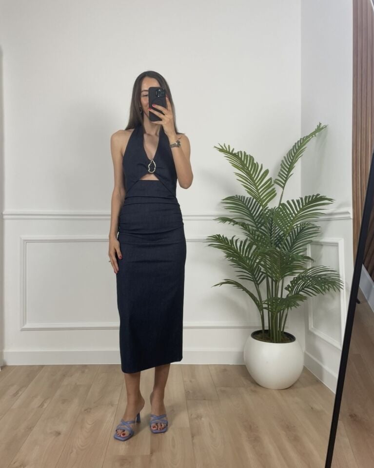 Hera Indigo Toka Detaylı Premium Elbise