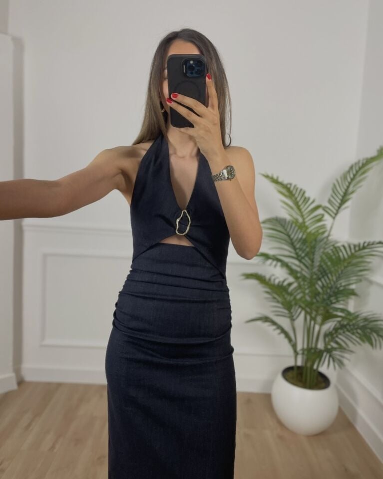 Hera Indigo Toka Detaylı Premium Elbise