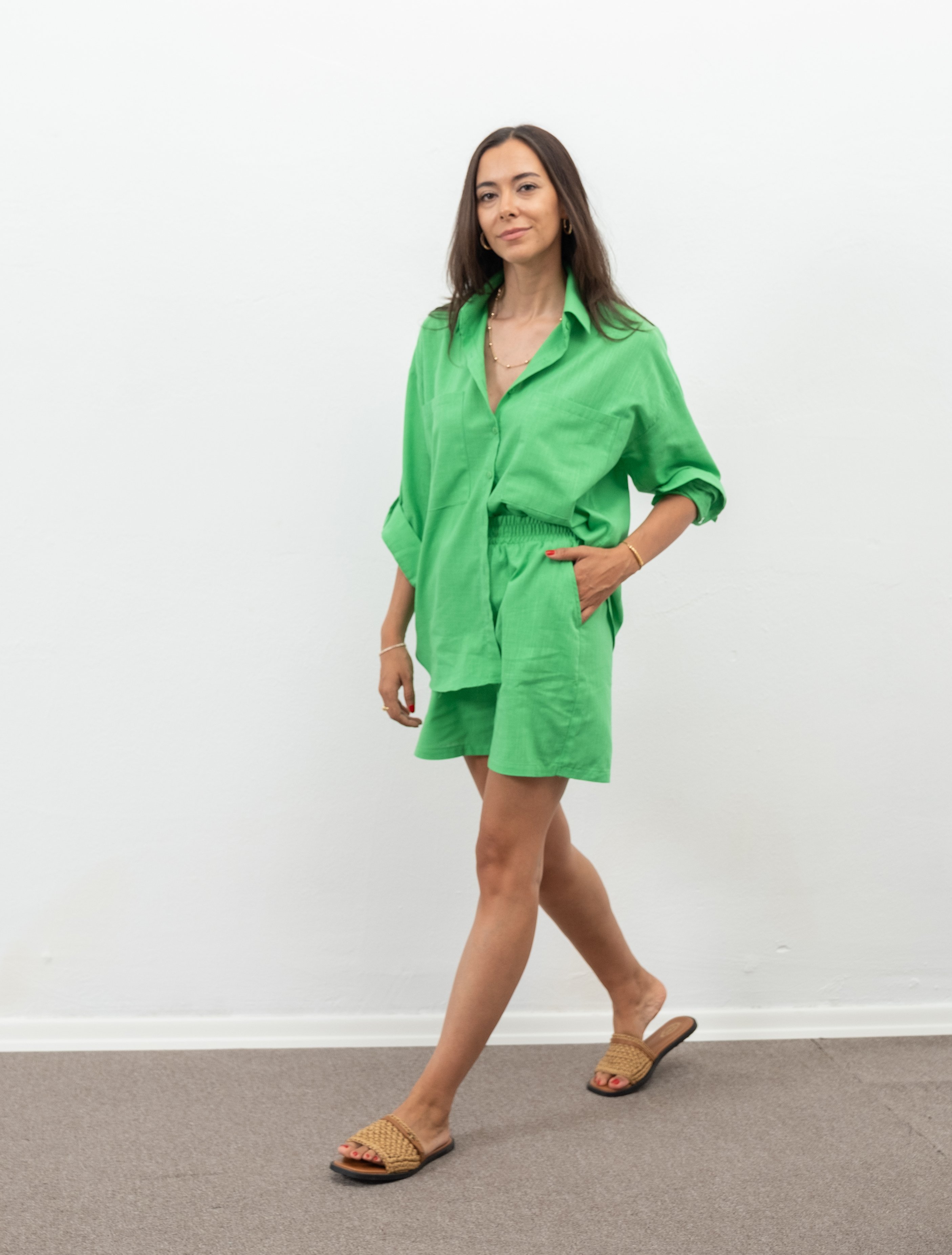 Arel Yeşil Keten Dokulu Şort Gömlek Takım