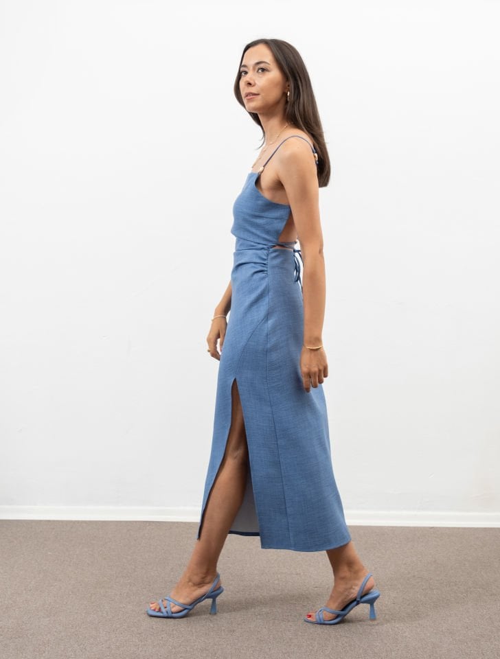 Nadia Indigo Sırt Dekolteli Yırtmaçlı Elbise