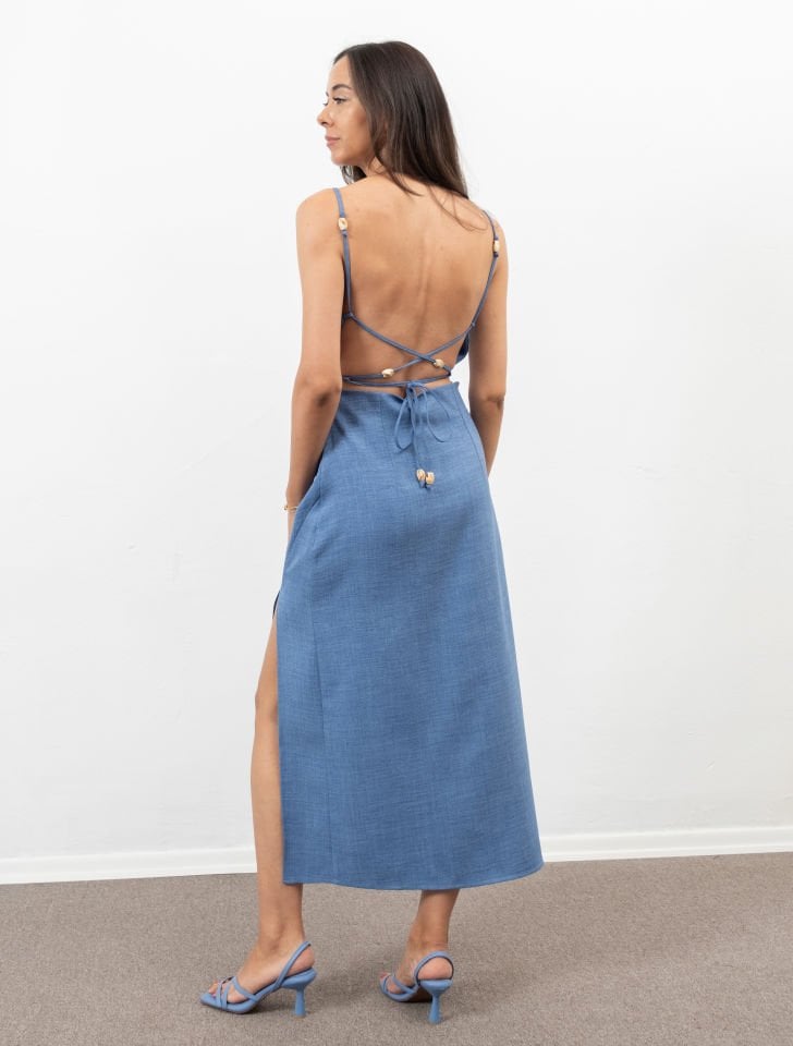 Nadia Indigo Sırt Dekolteli Yırtmaçlı Elbise