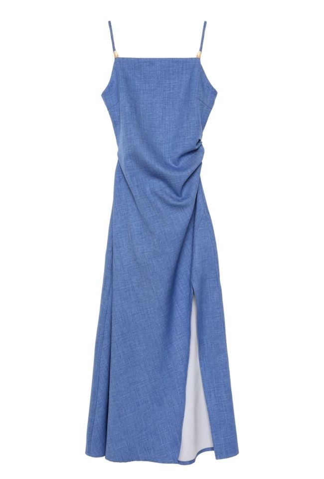 Nadia Indigo Sırt Dekolteli Yırtmaçlı Elbise