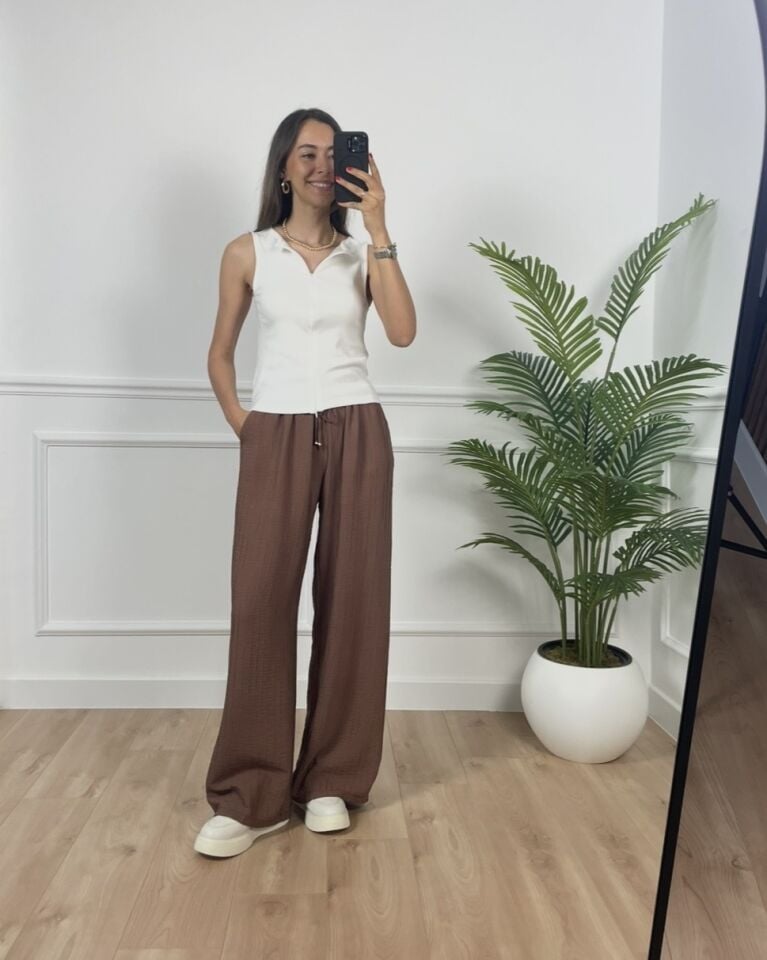 Helen Kahverengi Beli Lastikli Premium Pantolon