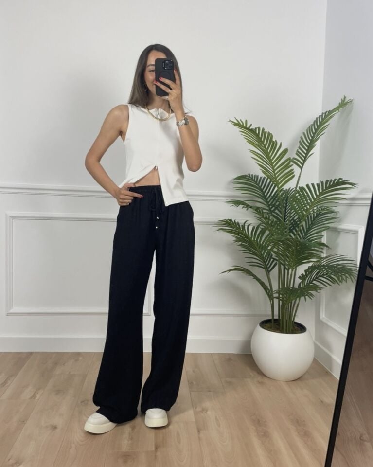 Helen Siyah Beli Lastikli Premium Pantolon