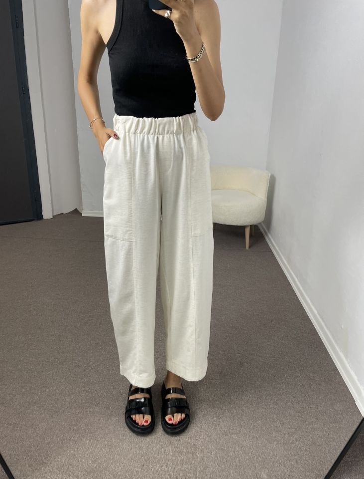 Taş Beli Lastikli Cepli Keten Pantolon