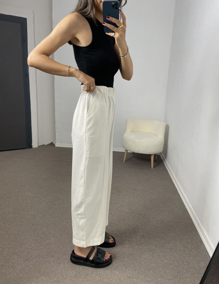 Taş Beli Lastikli Cepli Keten Pantolon