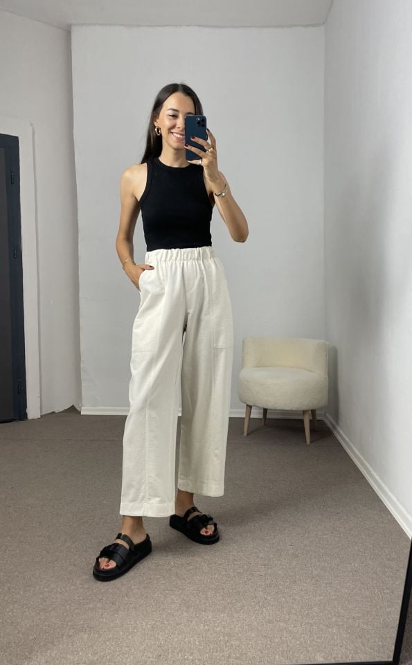 Taş Beli Lastikli Cepli Keten Pantolon