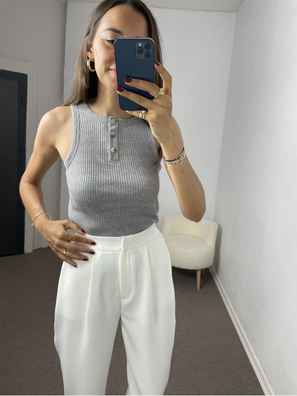 Noa Gri Düğmeli Premium Fitilli Atlet