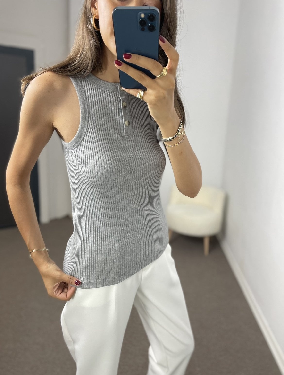 Noa Gri Düğmeli Premium Fitilli Atlet