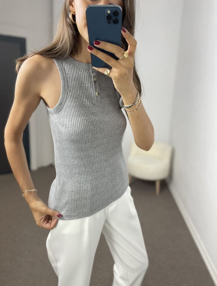 Noa Gri Düğmeli Premium Fitilli Atlet