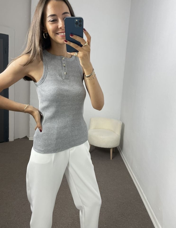 Noa Gri Düğmeli Premium Fitilli Atlet