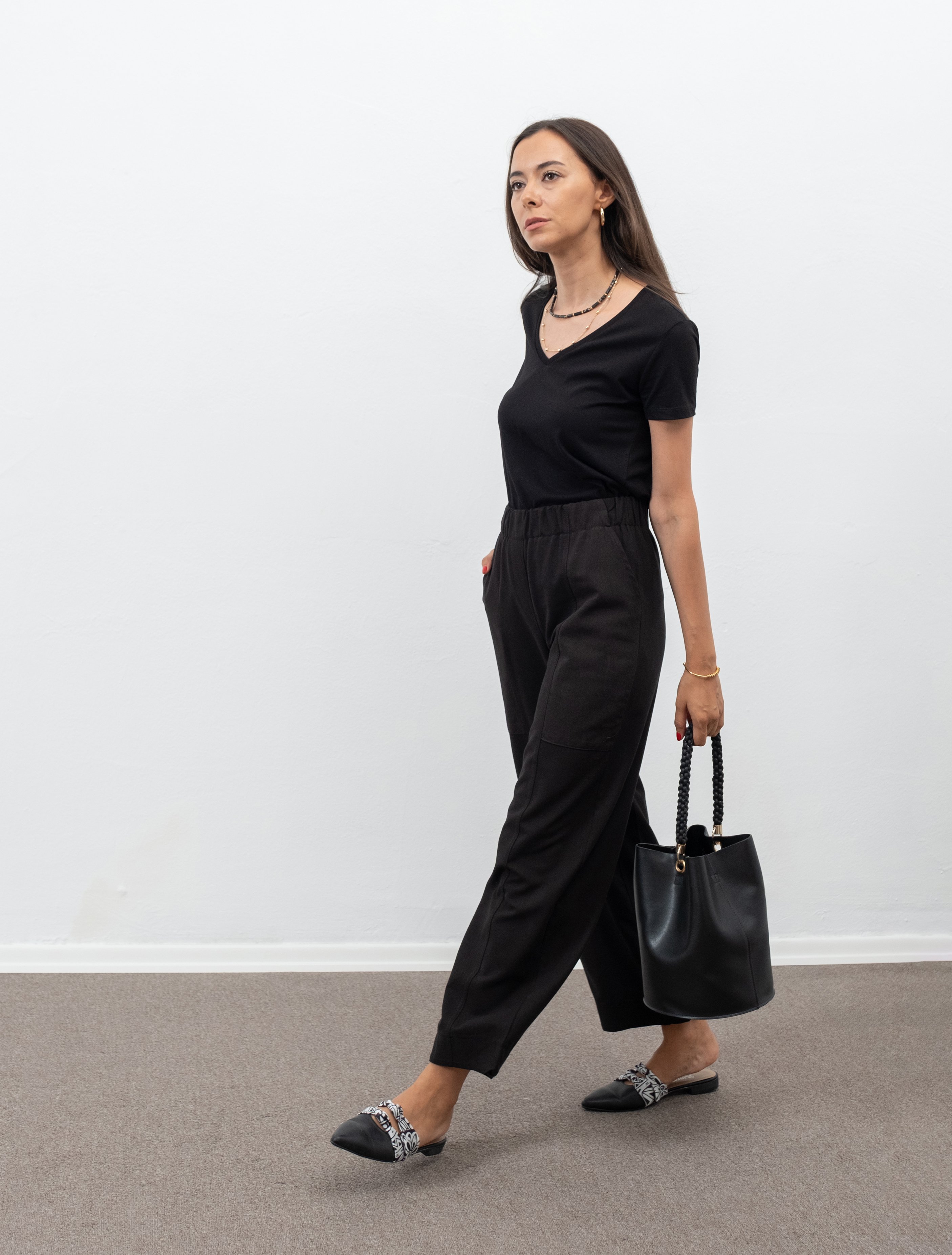 Alera Siyah Beli Lastikli Cepli Keten Pantolon