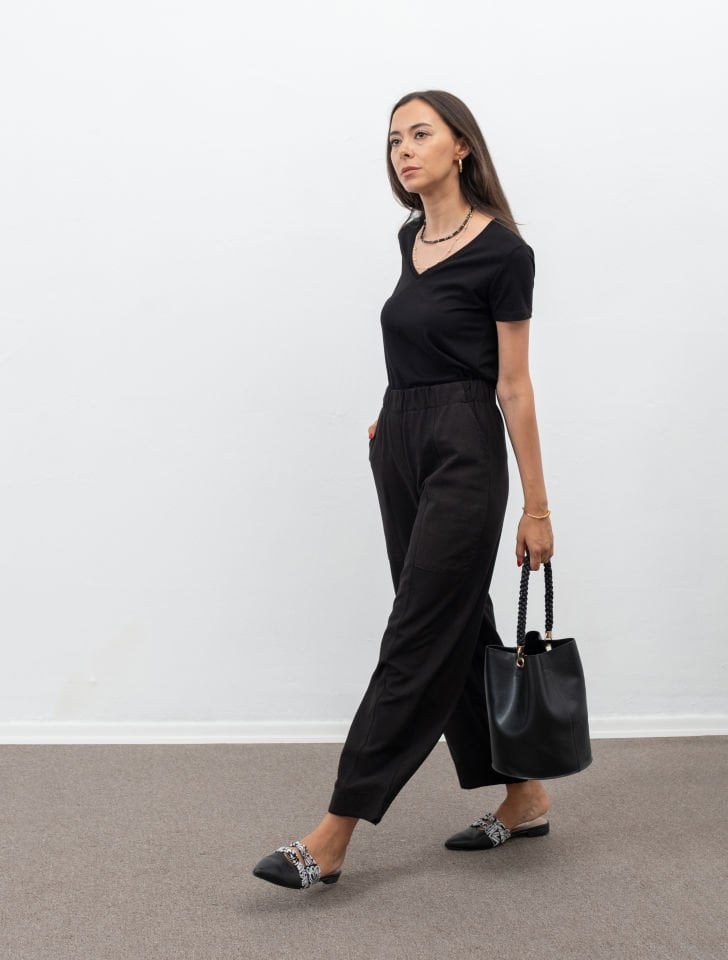 Alera Siyah Beli Lastikli Cepli Keten Pantolon