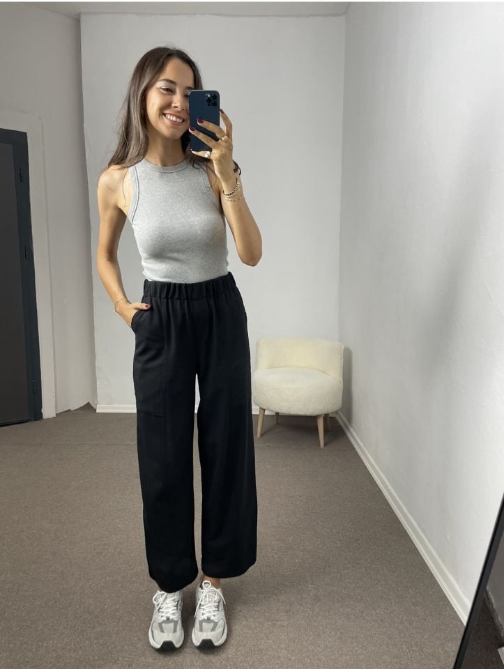 Siyah Beli Lastikli Cepli Keten Pantolon