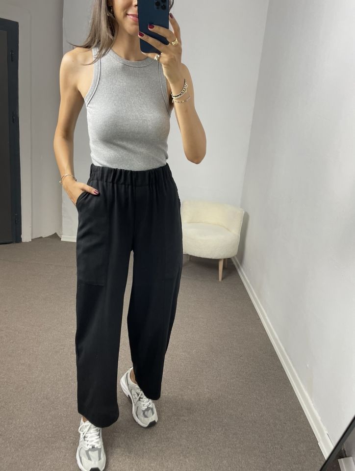 Siyah Beli Lastikli Cepli Keten Pantolon