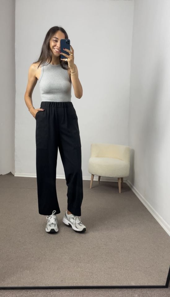 Siyah Beli Lastikli Cepli Keten Pantolon