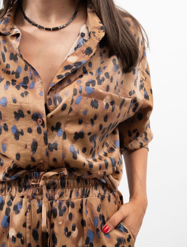 Leopar Saten Dokulu Gömlek Şort Takım