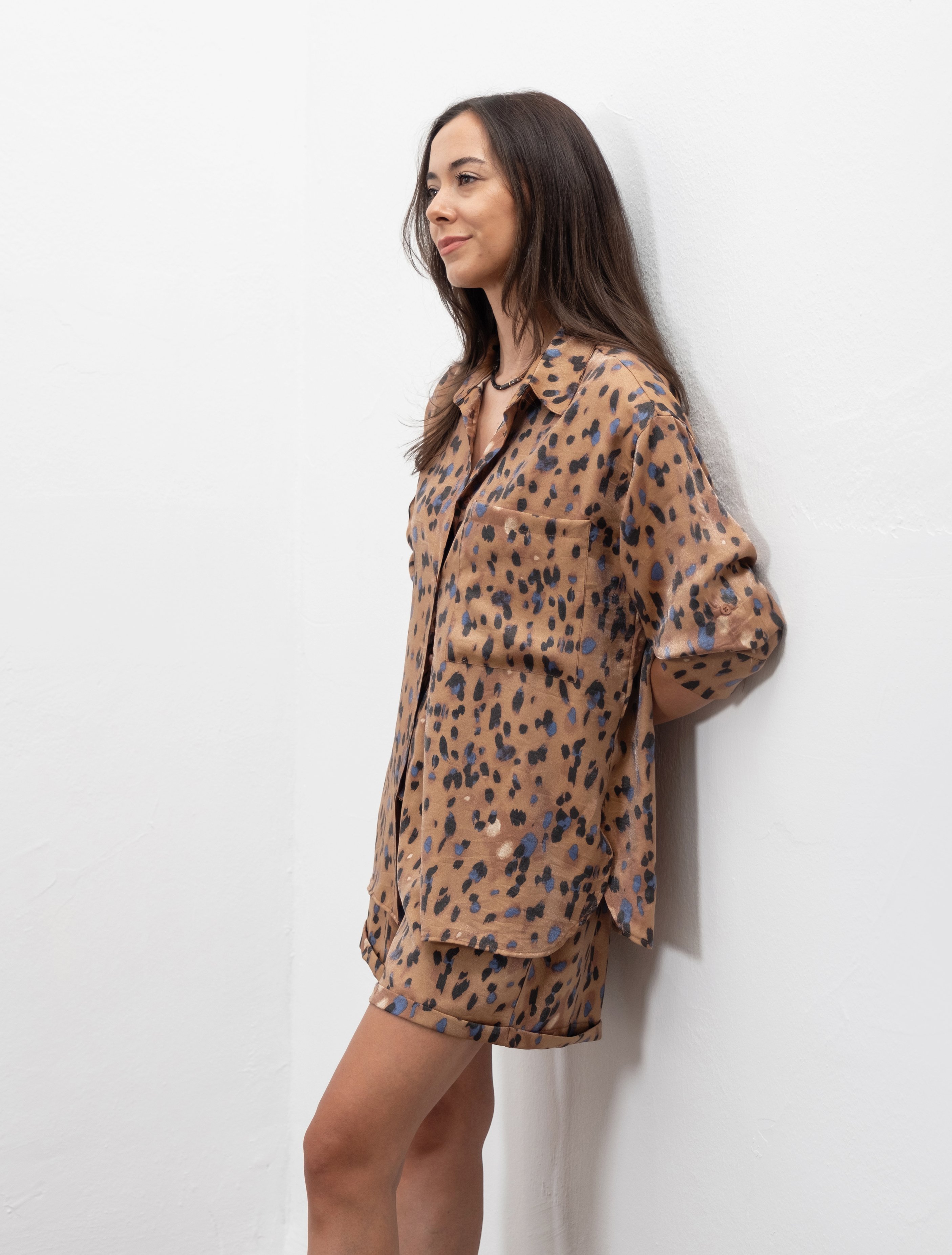 Valina Leopar Saten Dokulu Gömlek Şort Takım