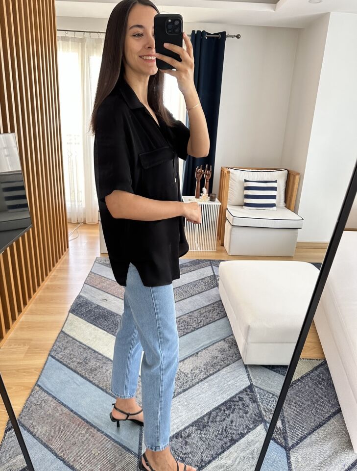 Luma Siyah Saten Bluz