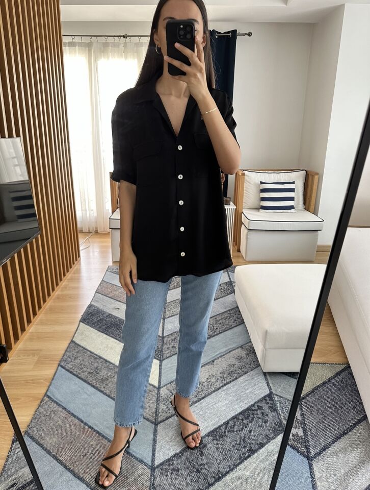 Luma Siyah Saten Bluz